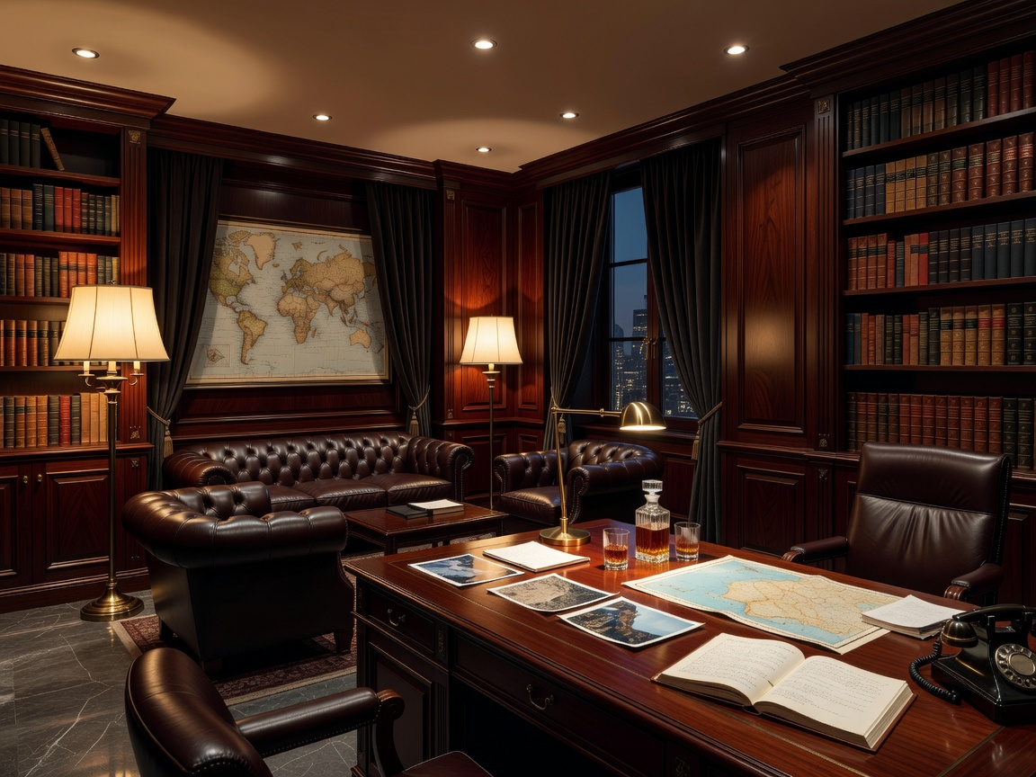 Luxurious private investigation bureau with dark wood offices and elegant lighting