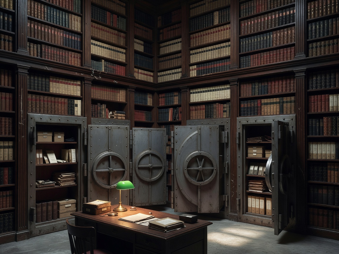Exclusive detective archive room with towering bookcases and vaults
