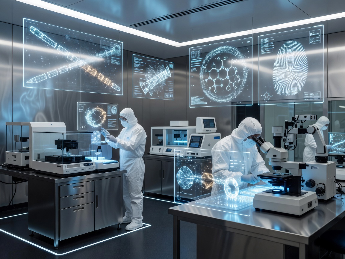 High-tech forensic laboratory with holographic evidence displays